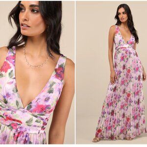 Morgana Pink Multi Floral Satin Pleated Maxi Dress: Lilac Floral